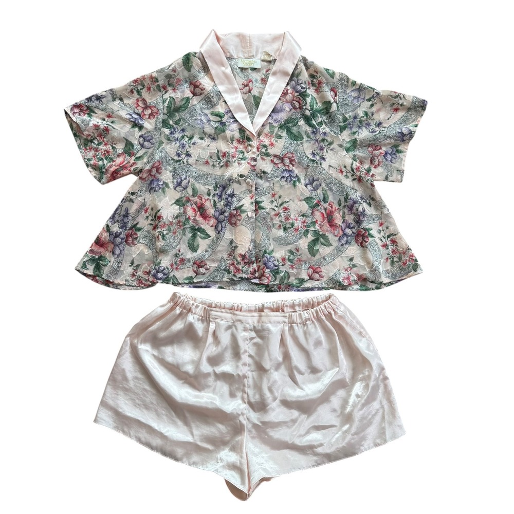 Vintage Victorias Secret Gold Label Pajama Set Pink Floral Satin Shorts Small